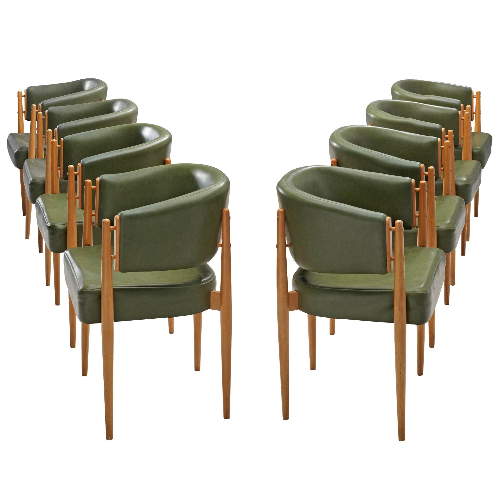 French Set of Eight Dining Chairs in Green Leatherette