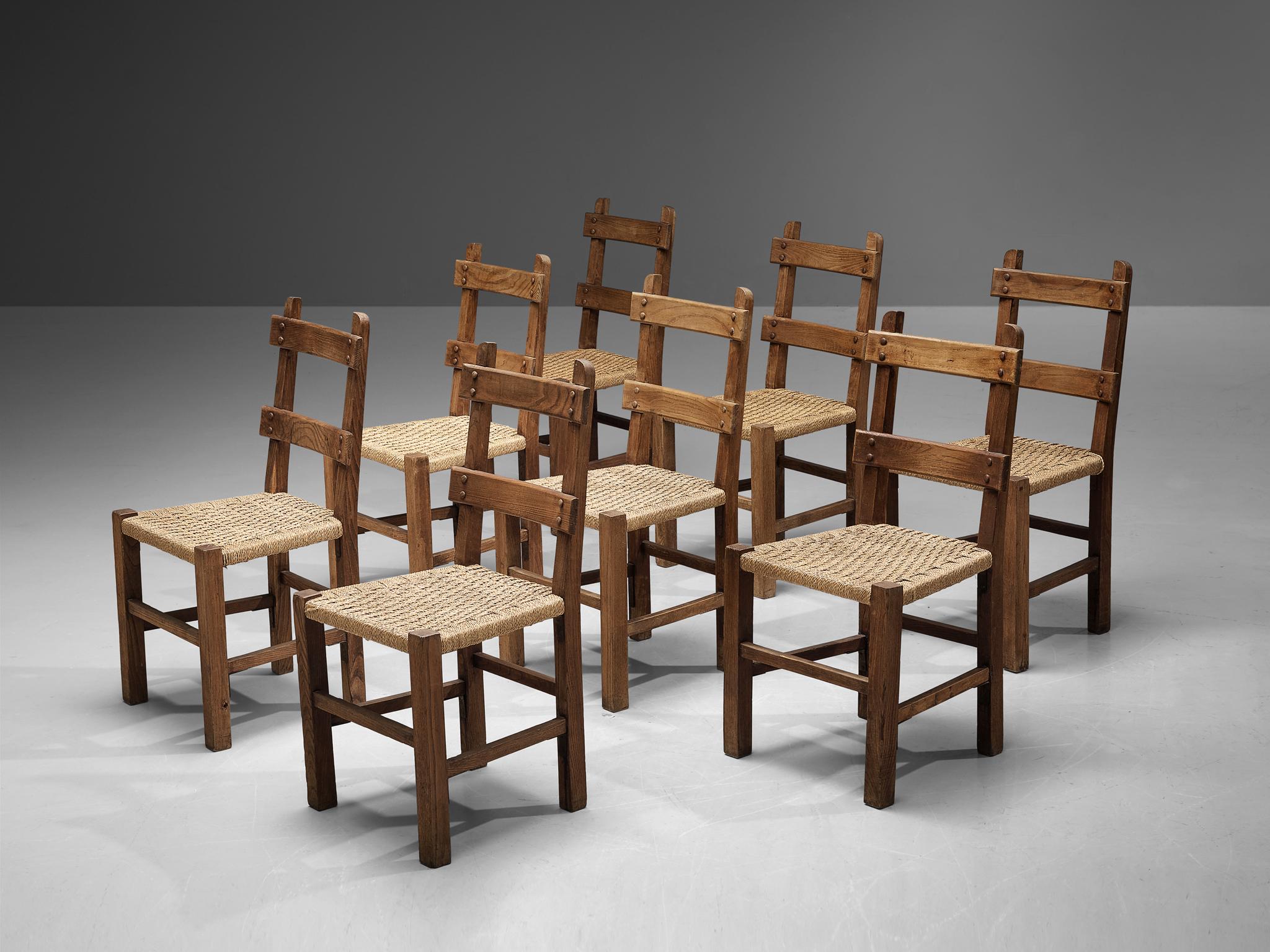 Set of eight dining chairs, rope, oak, France, 1960s

This beautiful set of provincial French dining chairs conceal an evolved rustic character with great quality of elegance. This is discernible in the wooden frame which is based on a