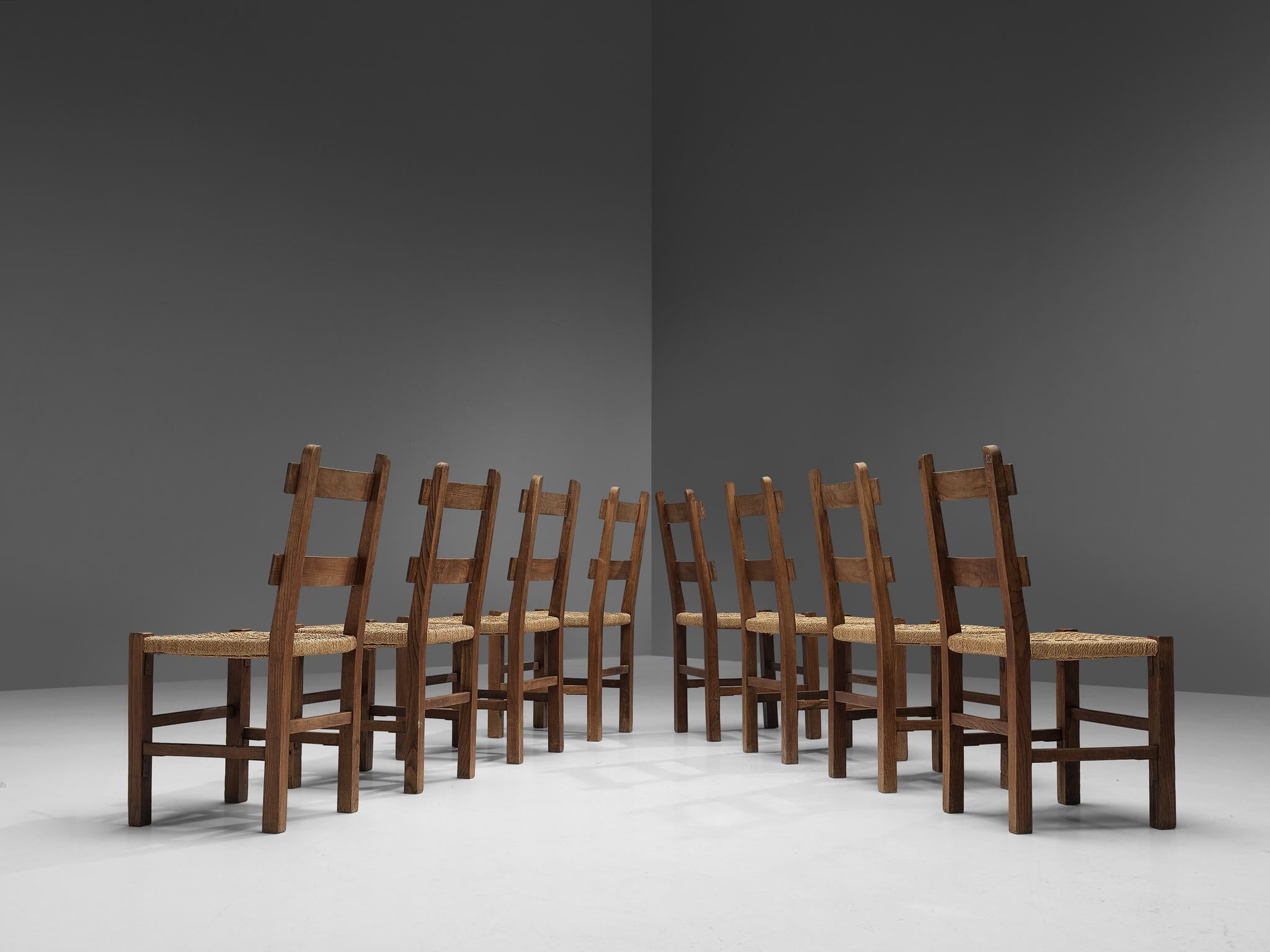 Mid-Century Modern French Set of Eight Dining Chairs in Oak with Rope Seat