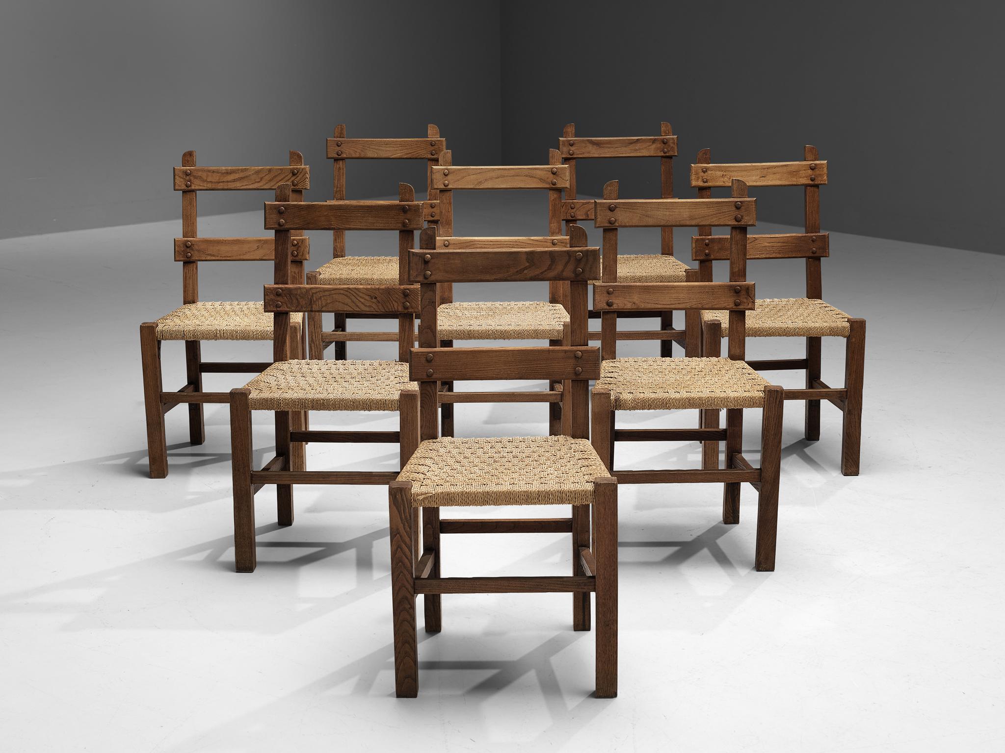 French Set of Eight Dining Chairs in Oak with Rope Seat In Good Condition In Waalwijk, NL