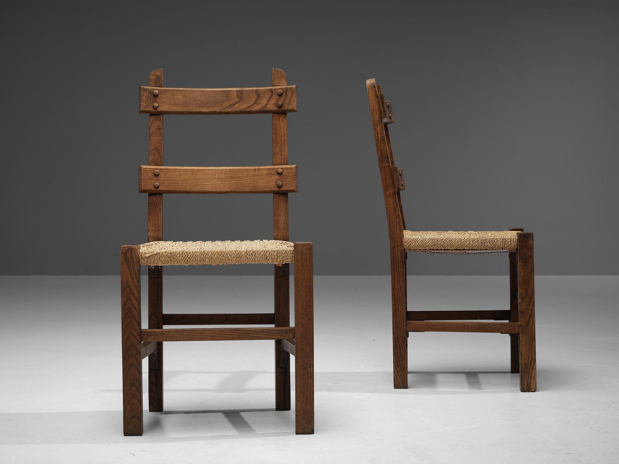 Mid-20th Century French Set of Eight Dining Chairs in Oak with Rope Seat