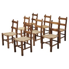 French Set of Eight Dining Chairs in Oak with Rope Seat