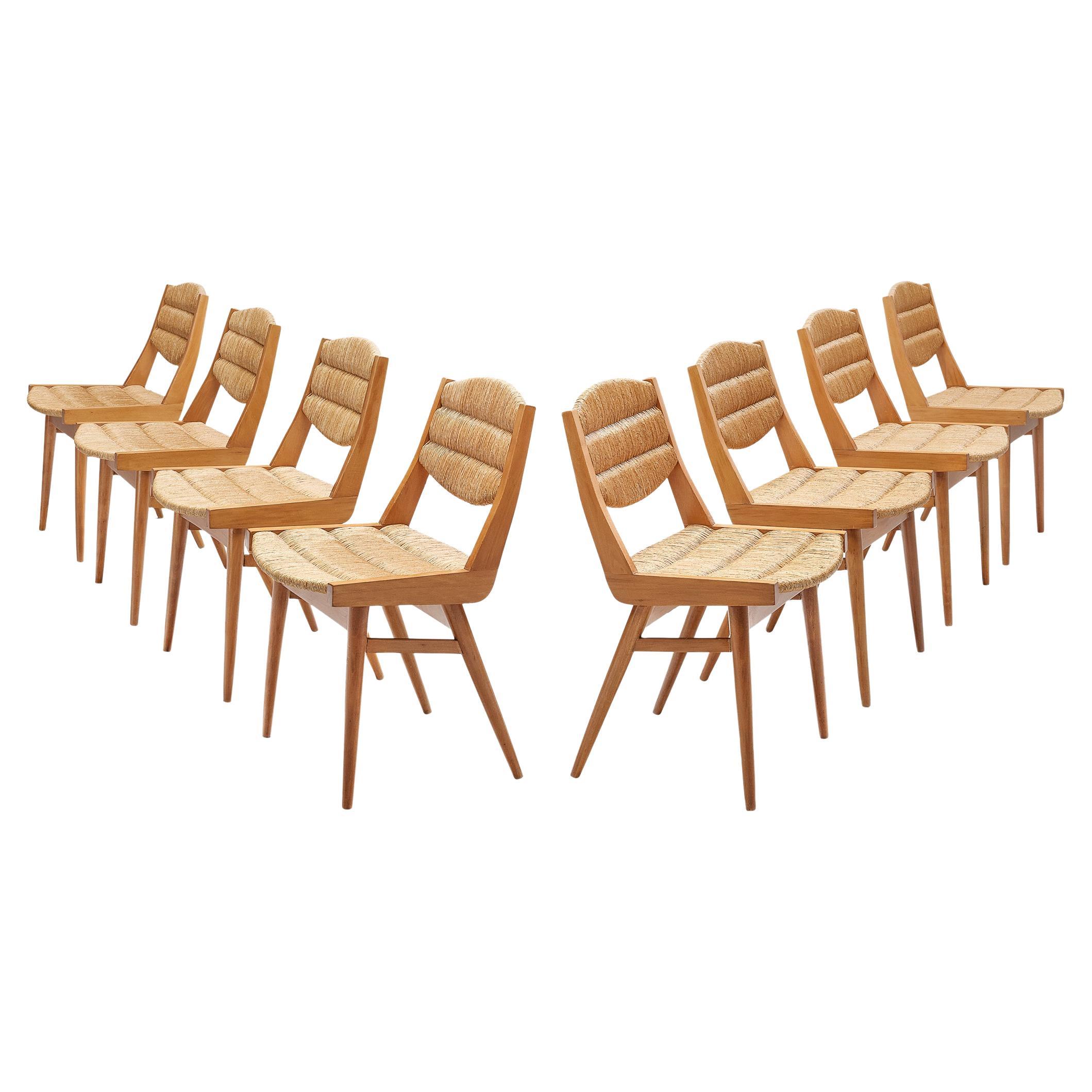 French Country Elm Wood and Rush Seat Dining Chairs, Set of Eight at