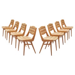 French Set of Eight Dining Chairs in Wood and Straw