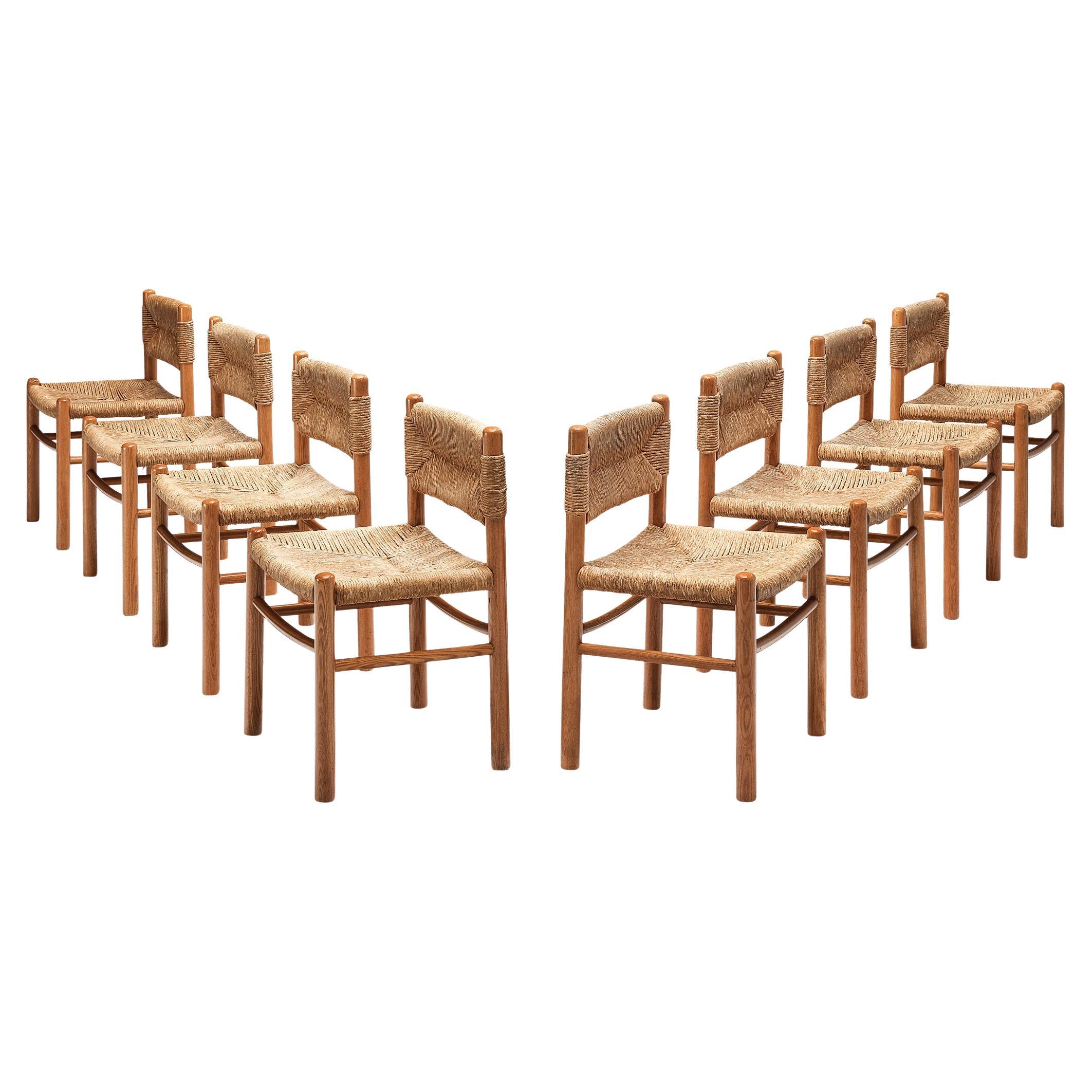 French Set of Eight Naturalistic Dining Chairs in Wood and Rush