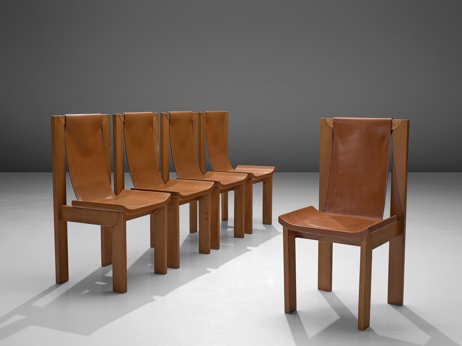 French Set of Six Cognac Leather Dining Chairs In Good Condition In Waalwijk, NL