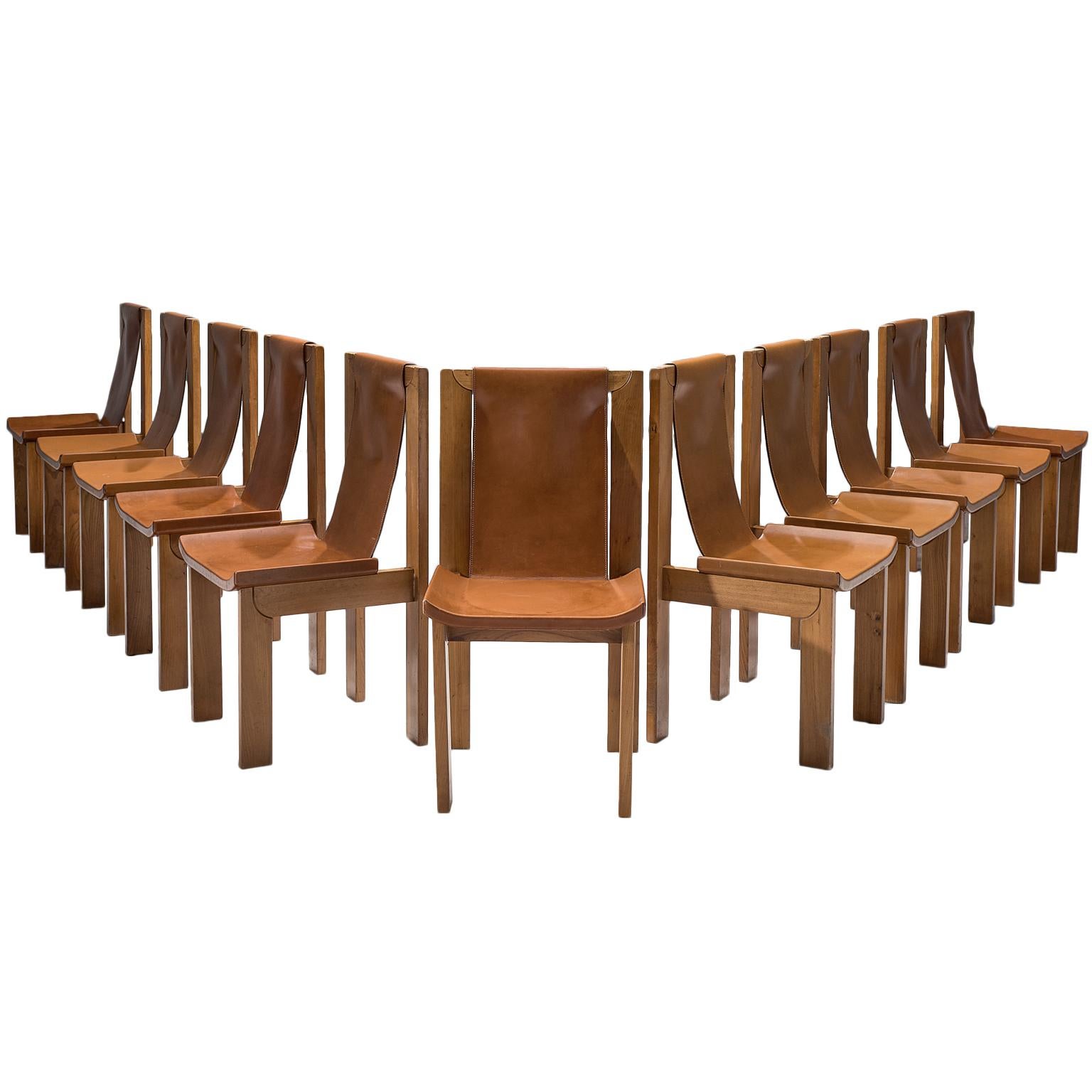 French Set of Six Cognac Leather Dining Chairs