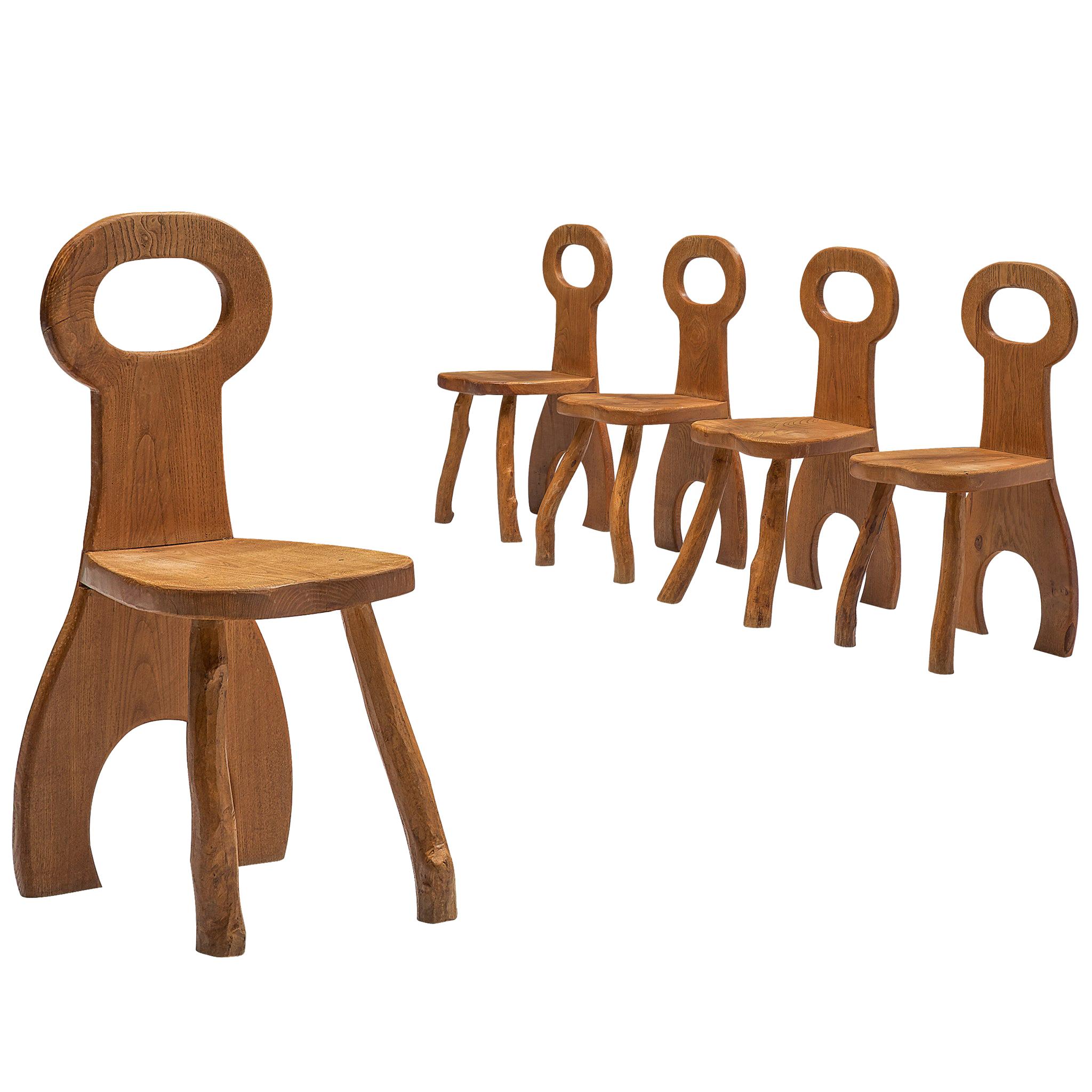 French Set of Five Robust Dining Chairs in Oak