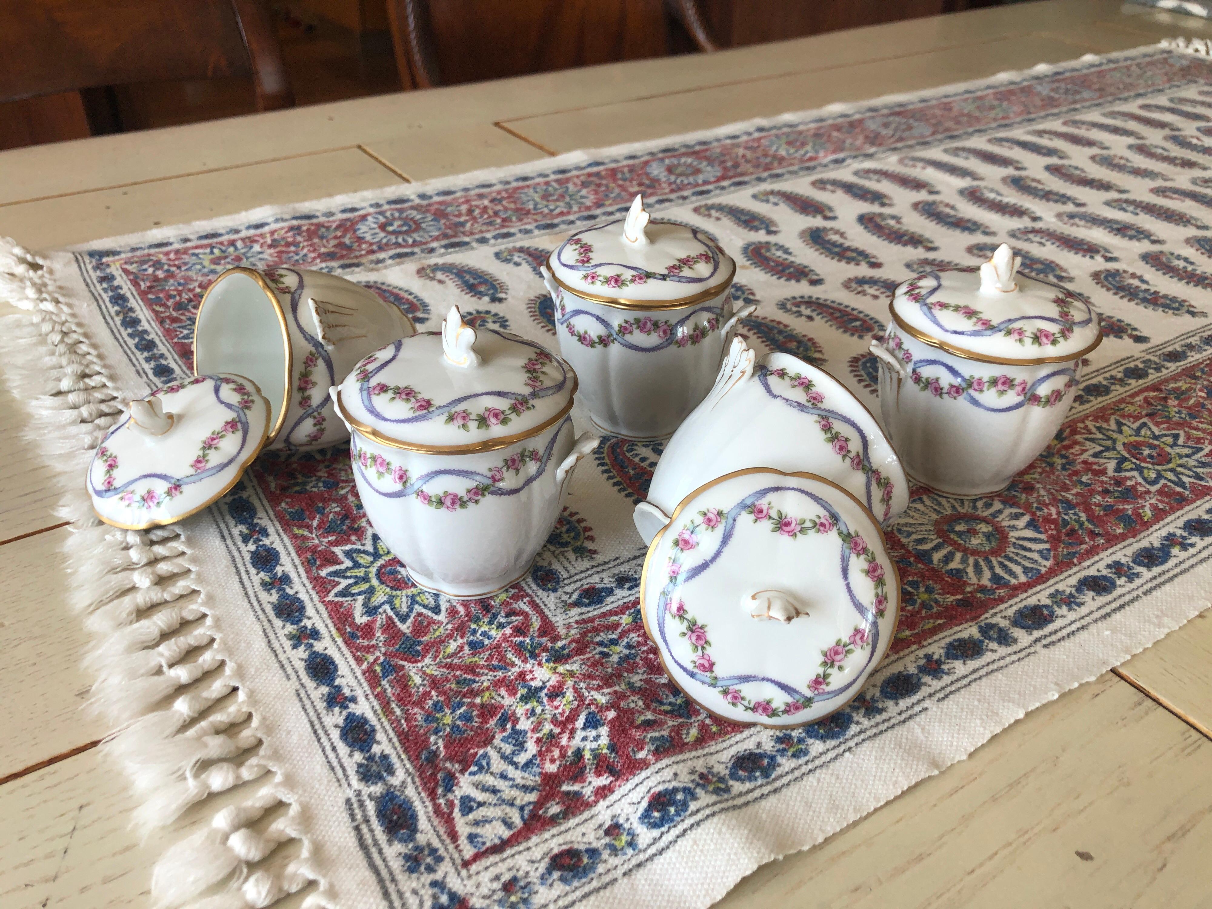 Hand-Painted French Set of Five Small Hand Painted Porcelain Jars by Limoge