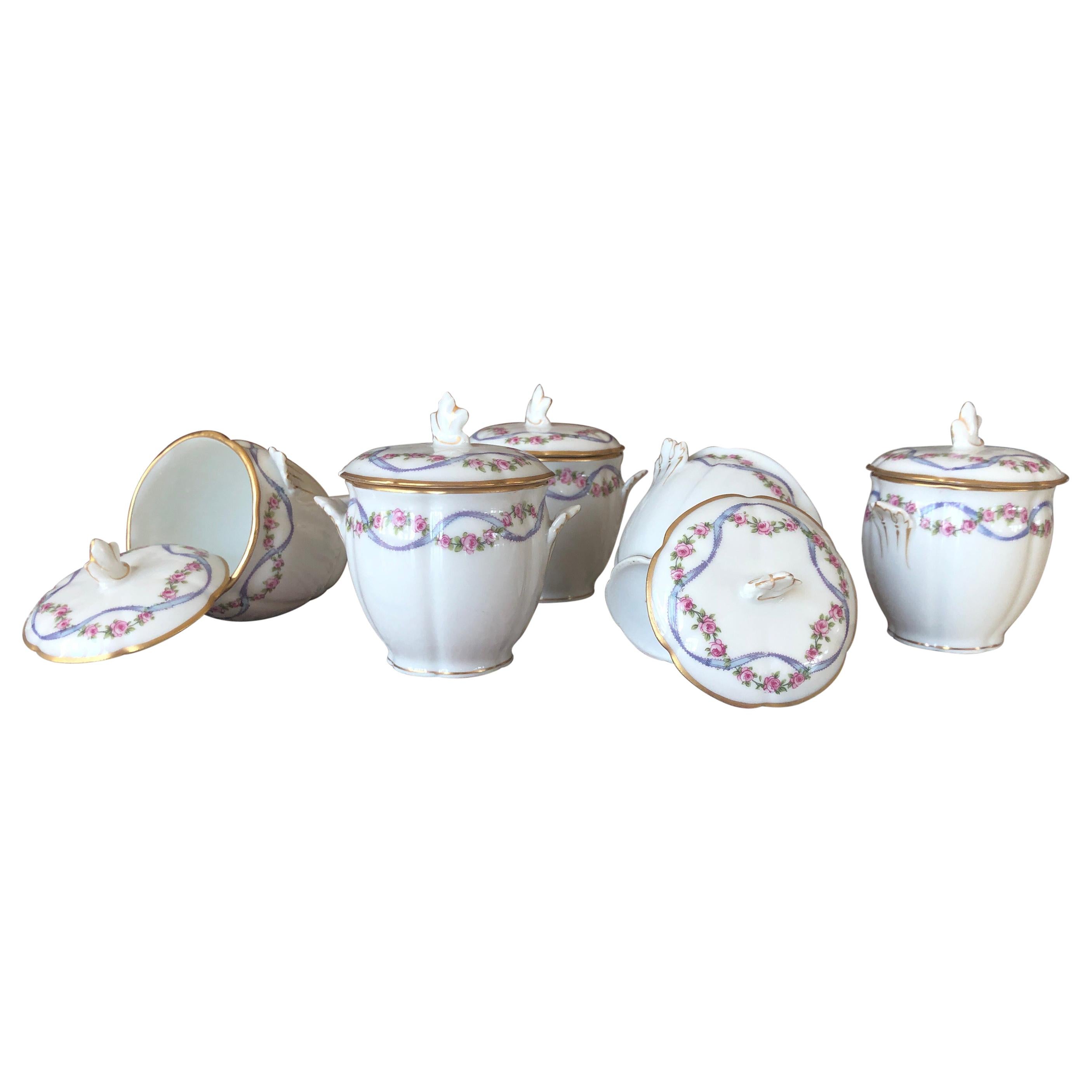 French Set of Five Small Hand Painted Porcelain Jars by Limoge