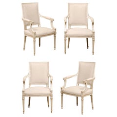 Vintage French Set of Four Carved Wood Armchairs with Newly Upholstered Seats and Backs