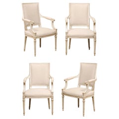French Set of Four Carved Wood Armchairs with Newly Upholstered Seats & Backs