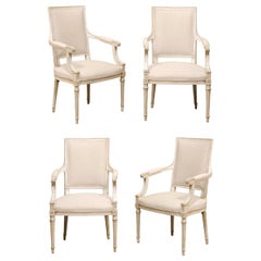 French Set of Four Carved Wood Armchairs with Newly Upholstered Seats & Backs