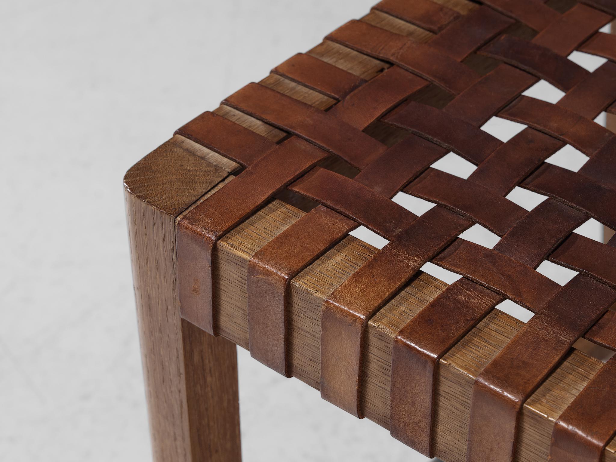 Mid-20th Century French Set of Four Dining Chairs in Oak and Cognac Leather Webbed Seating