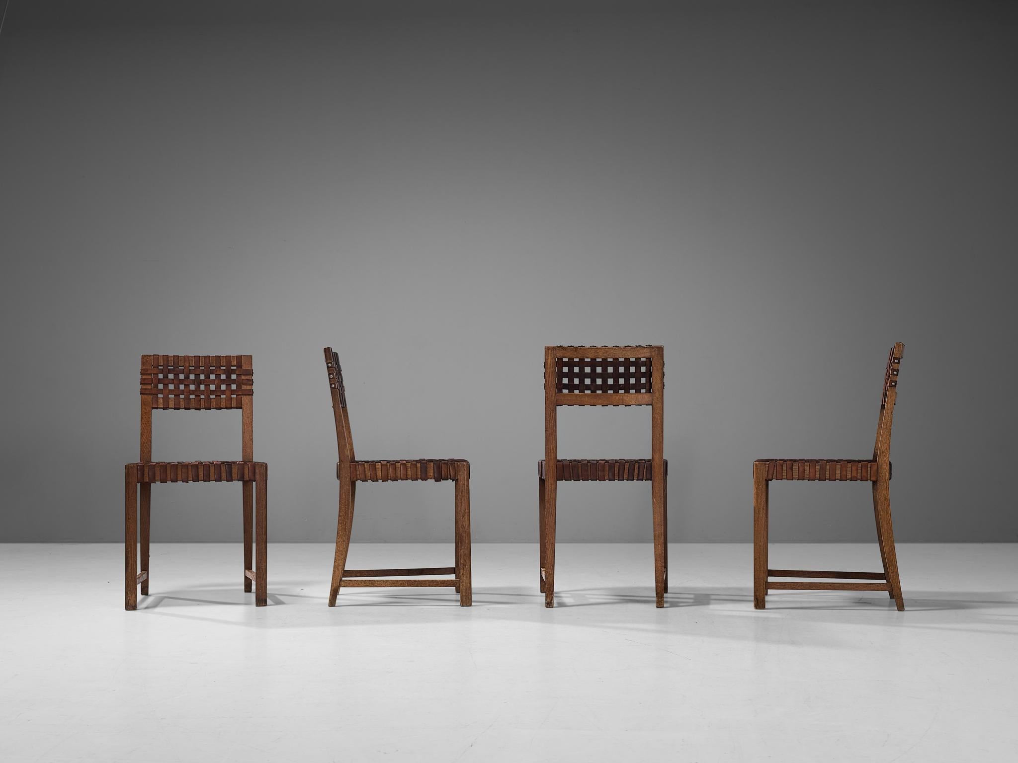 French Set of Four Dining Chairs in Oak and Cognac Leather Webbed Seating 1