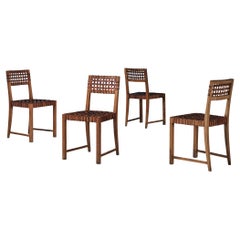 French Set of Four Dining Chairs in Oak and Cognac Leather Webbed Seating