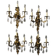 French Set of Four Gilded Bronze and Crystal Triple Arm Wall Lights