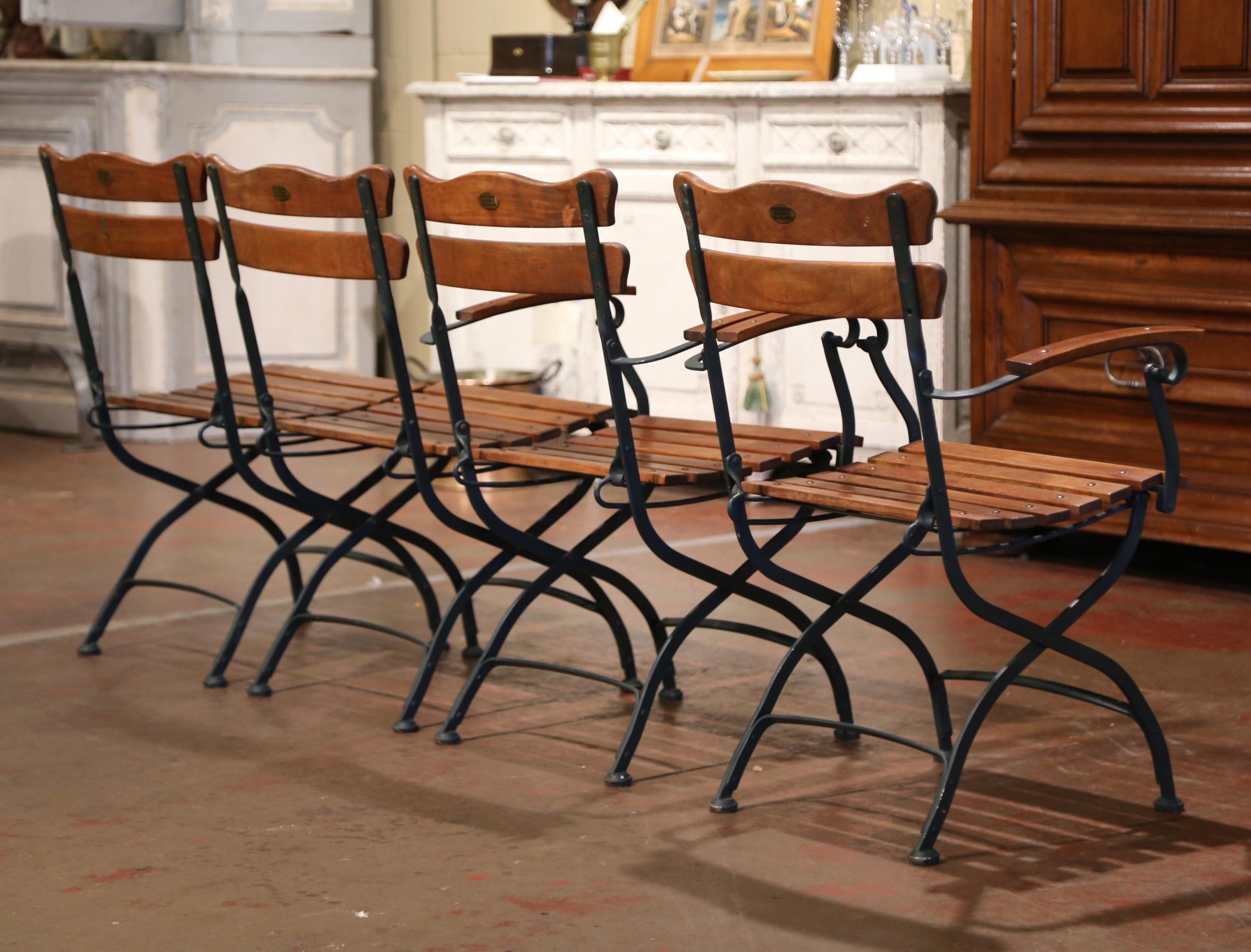 French Set of Four Painted Green Wrought Iron and Wood Folding Garden Chairs 2