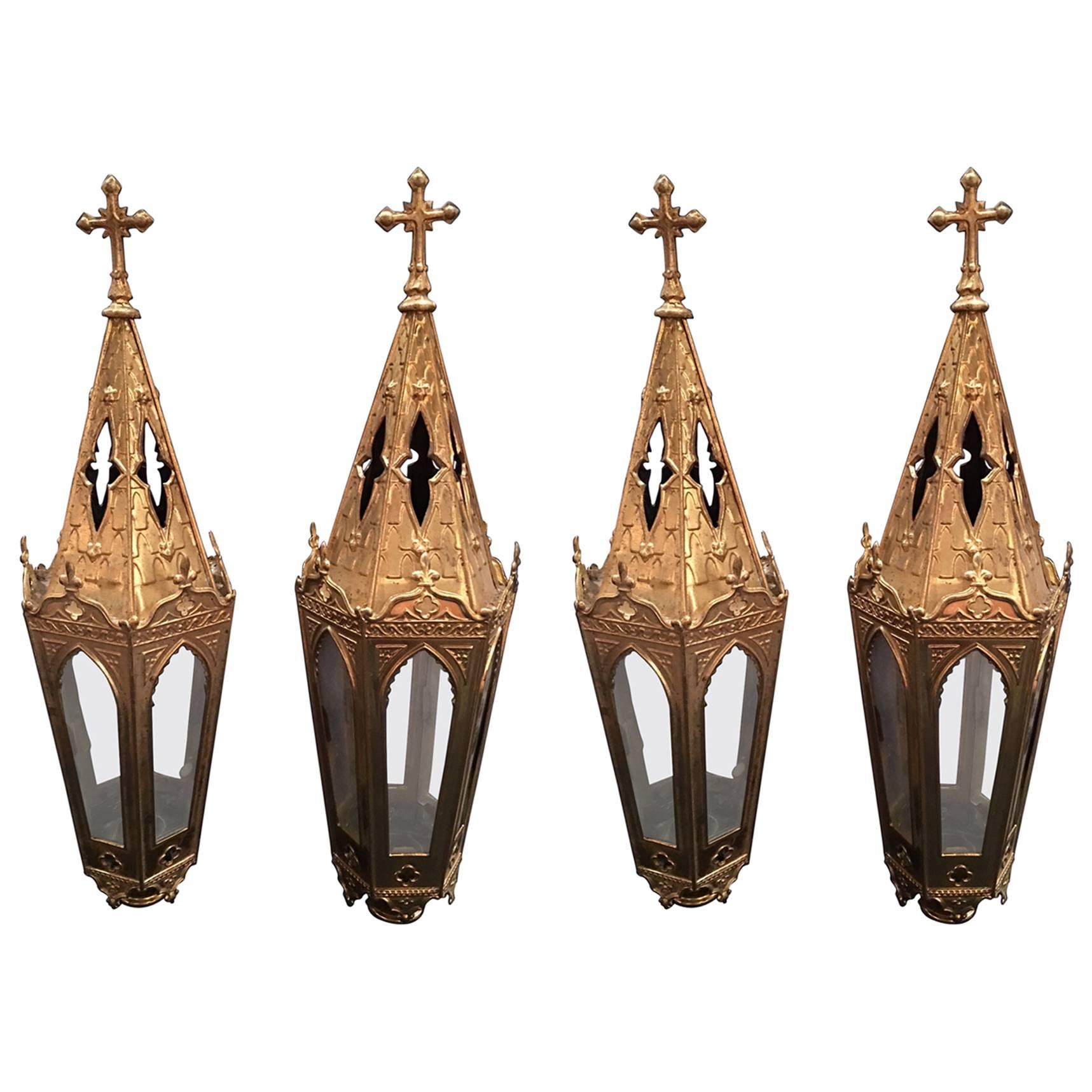 French Set of Four Polished Brass Pole Lanterns or Candlesticks, 19th Century