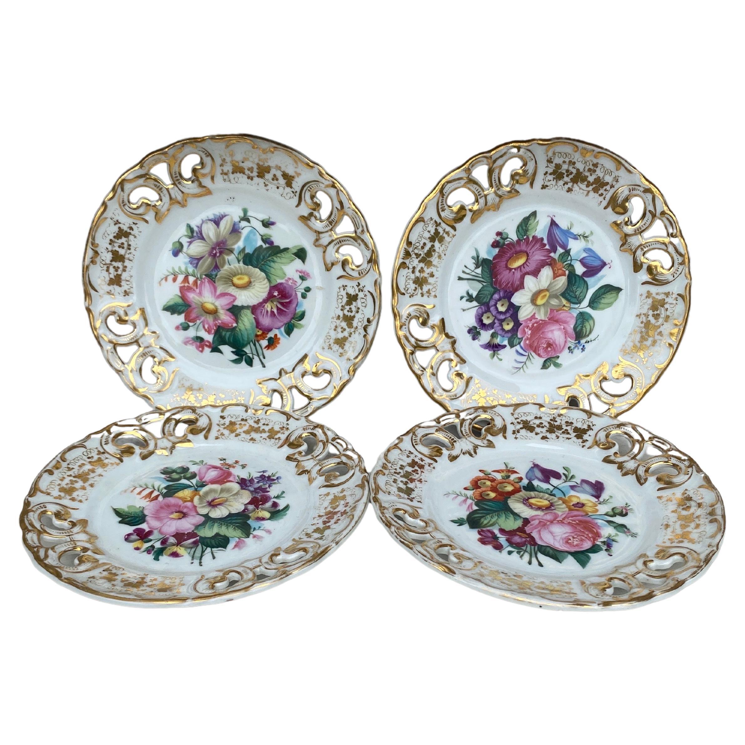 French Set of Four Reticulated Porcelain Dessert Plates , Circa 1880