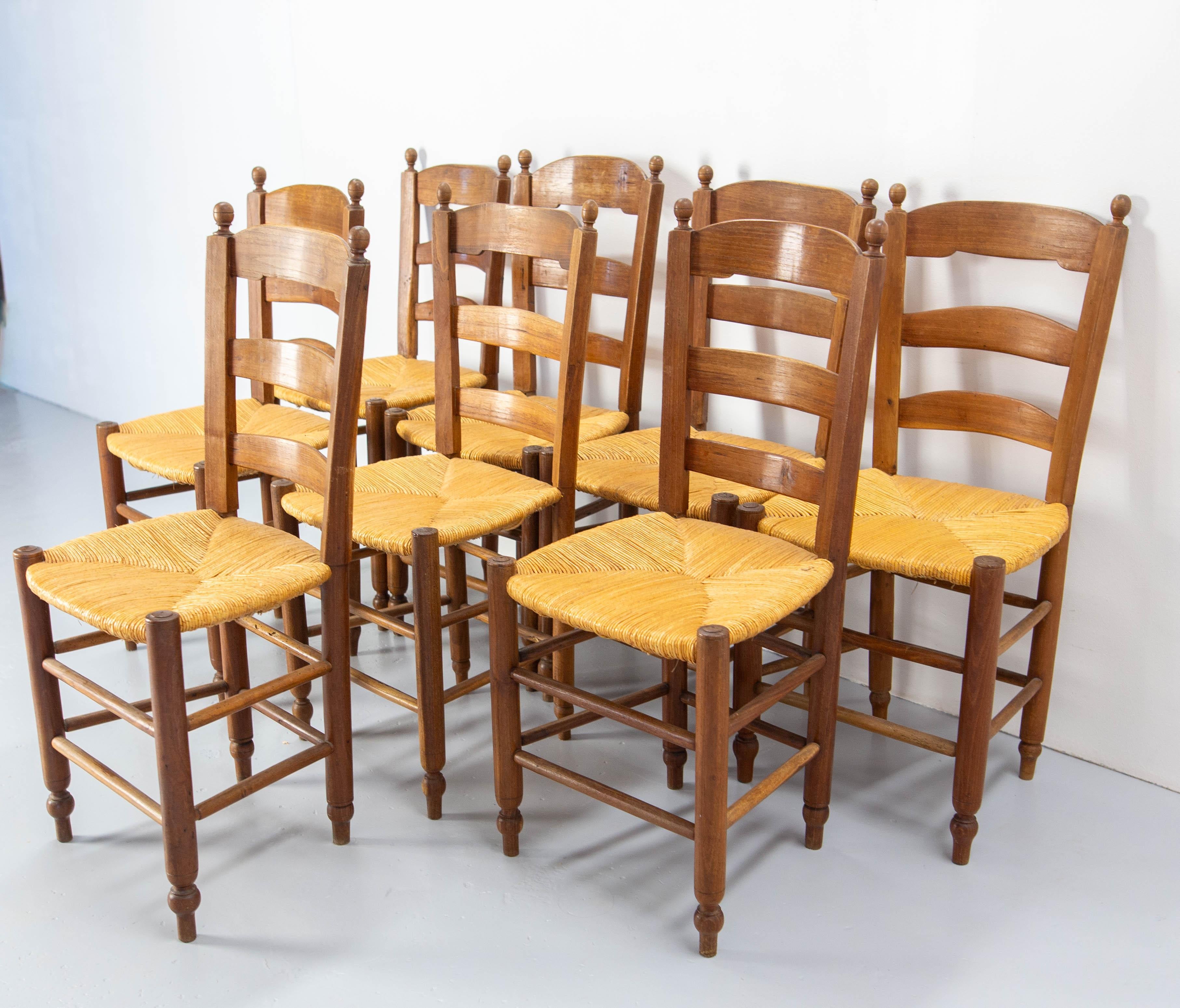 French Set of Height Straw & Elm Chairs, late 19th Century In Good Condition For Sale In Labrit, Landes