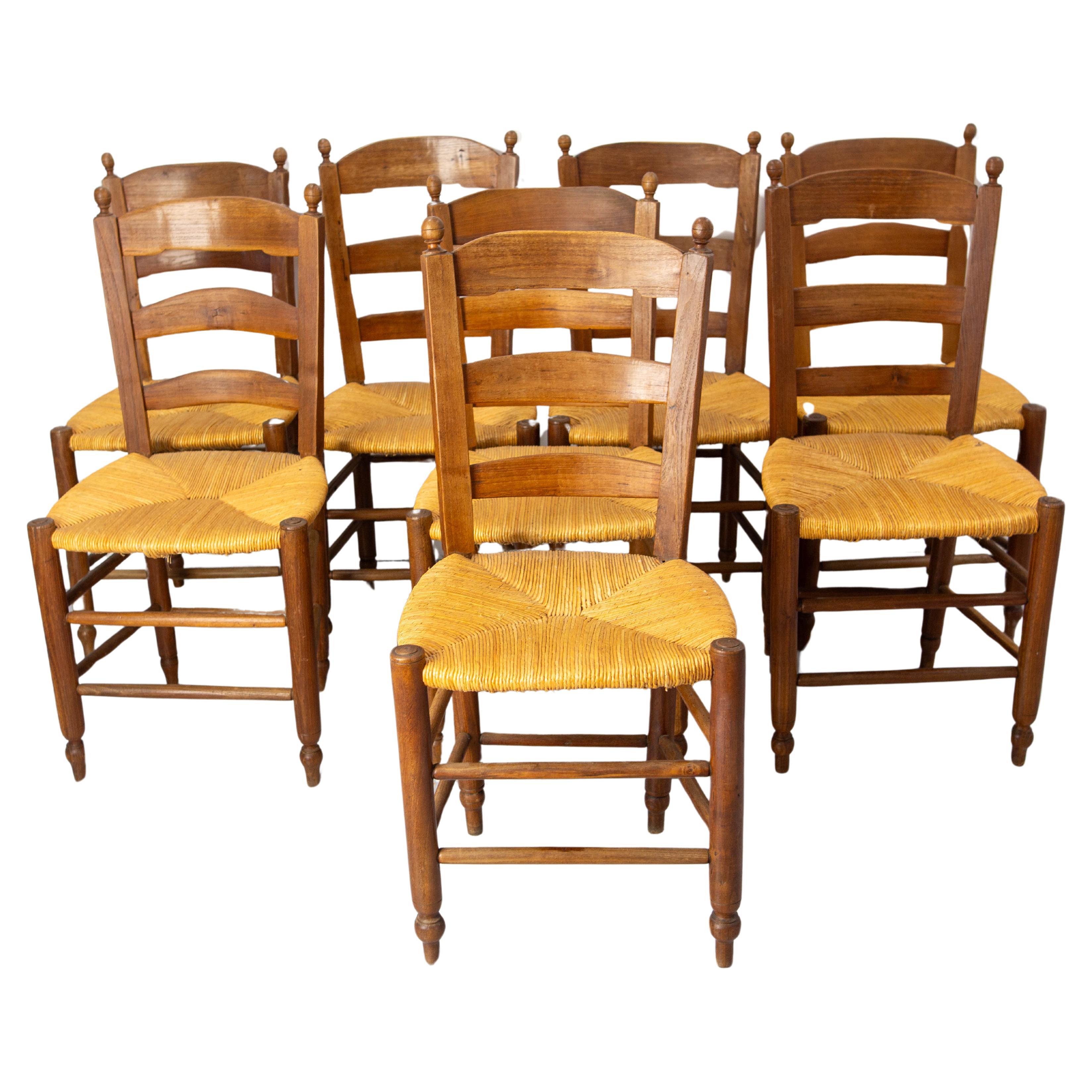 French Set of Height Straw & Elm Chairs, late 19th Century For Sale