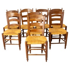 French Set of Height Straw & Elm Chairs, late 19th Century