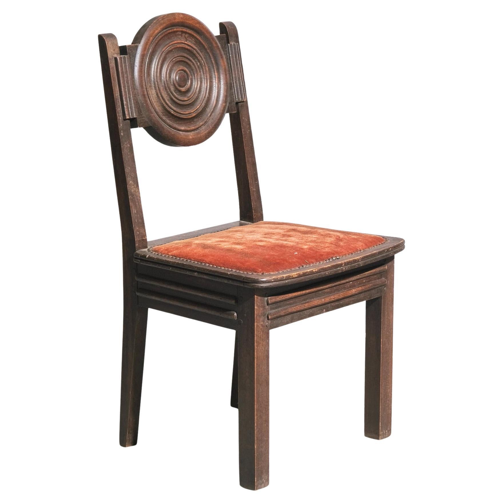 French Set Of Oak Dining Chairs With Turned Circular Backs in Manner of Dudouyt