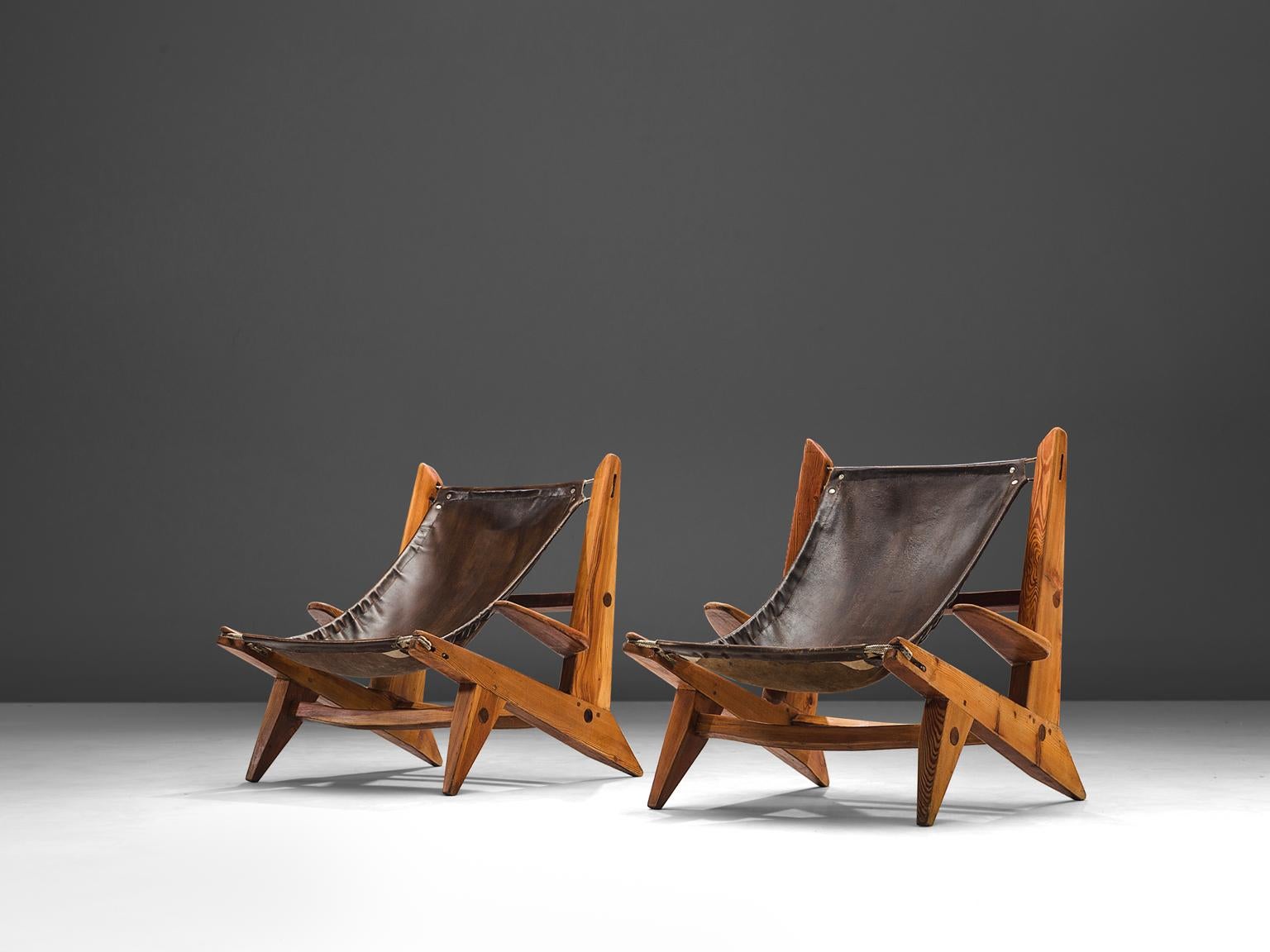 Mid-Century Modern French Set of Pine and Leather Hunting Chairs