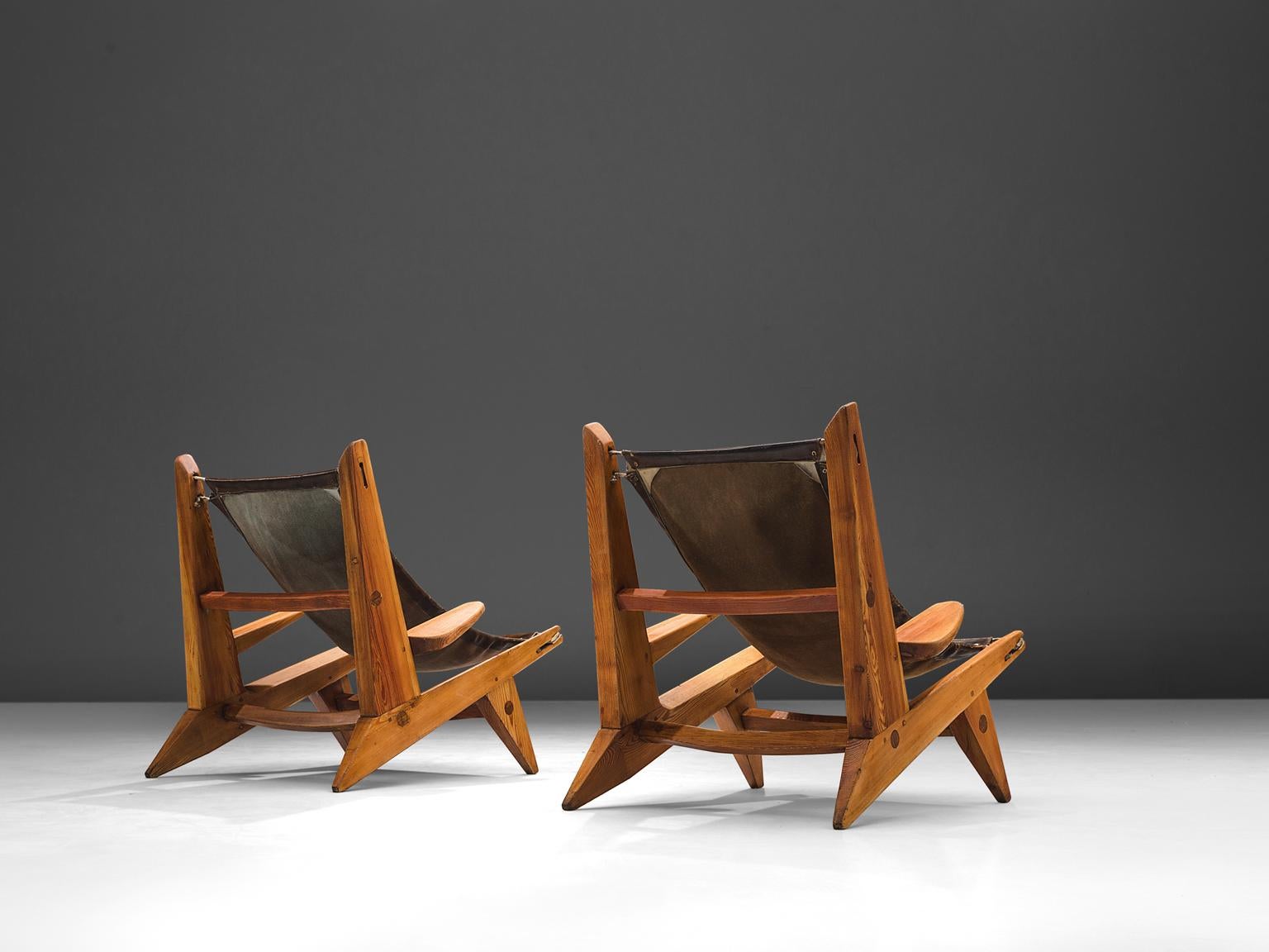 Mid-20th Century French Set of Pine and Leather Hunting Chairs