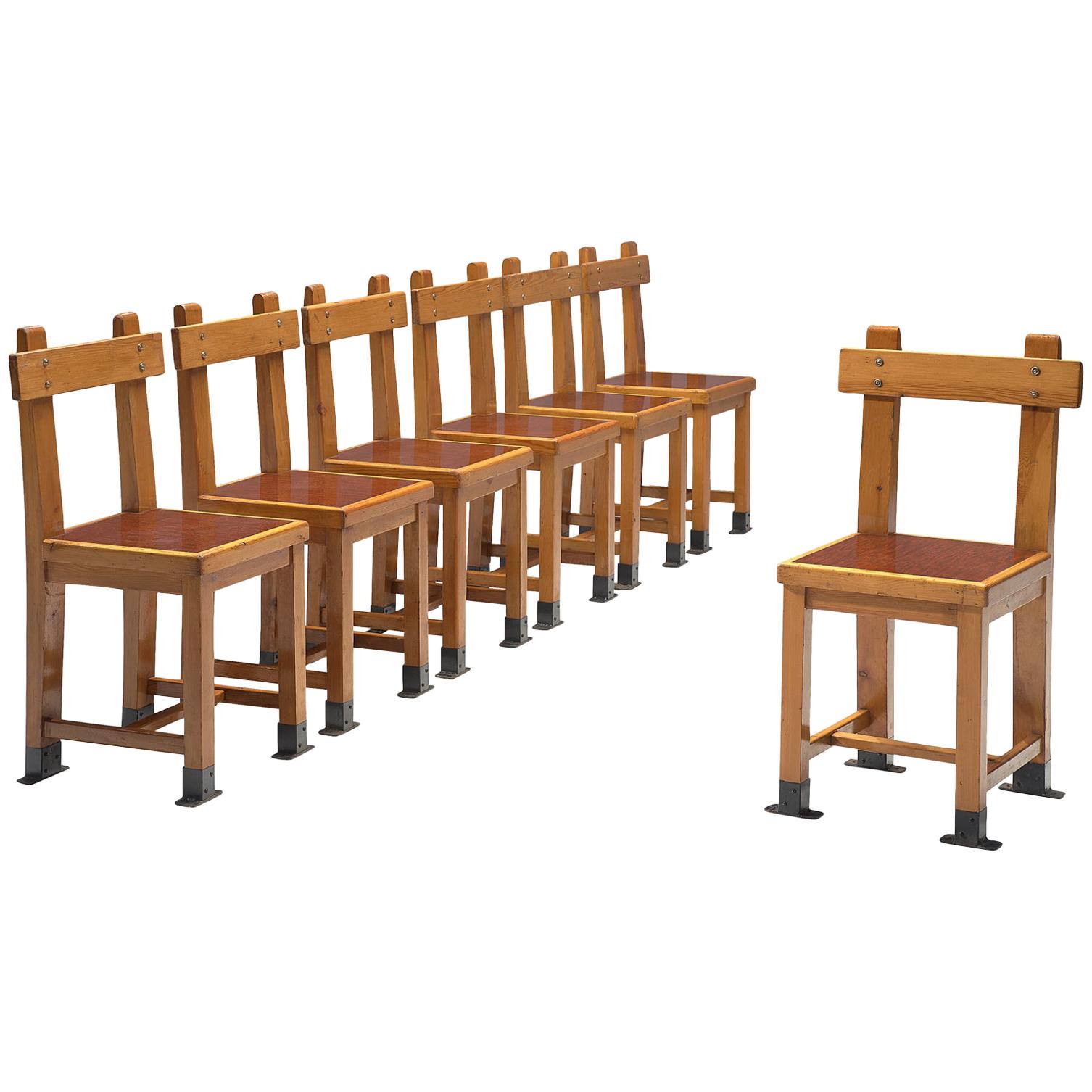 French Set of Seven Nautical Chairs in Oak, 1940s