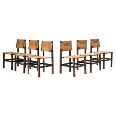 French Set of Six Brutalist Dining Chairs in Oak and Metal Frames