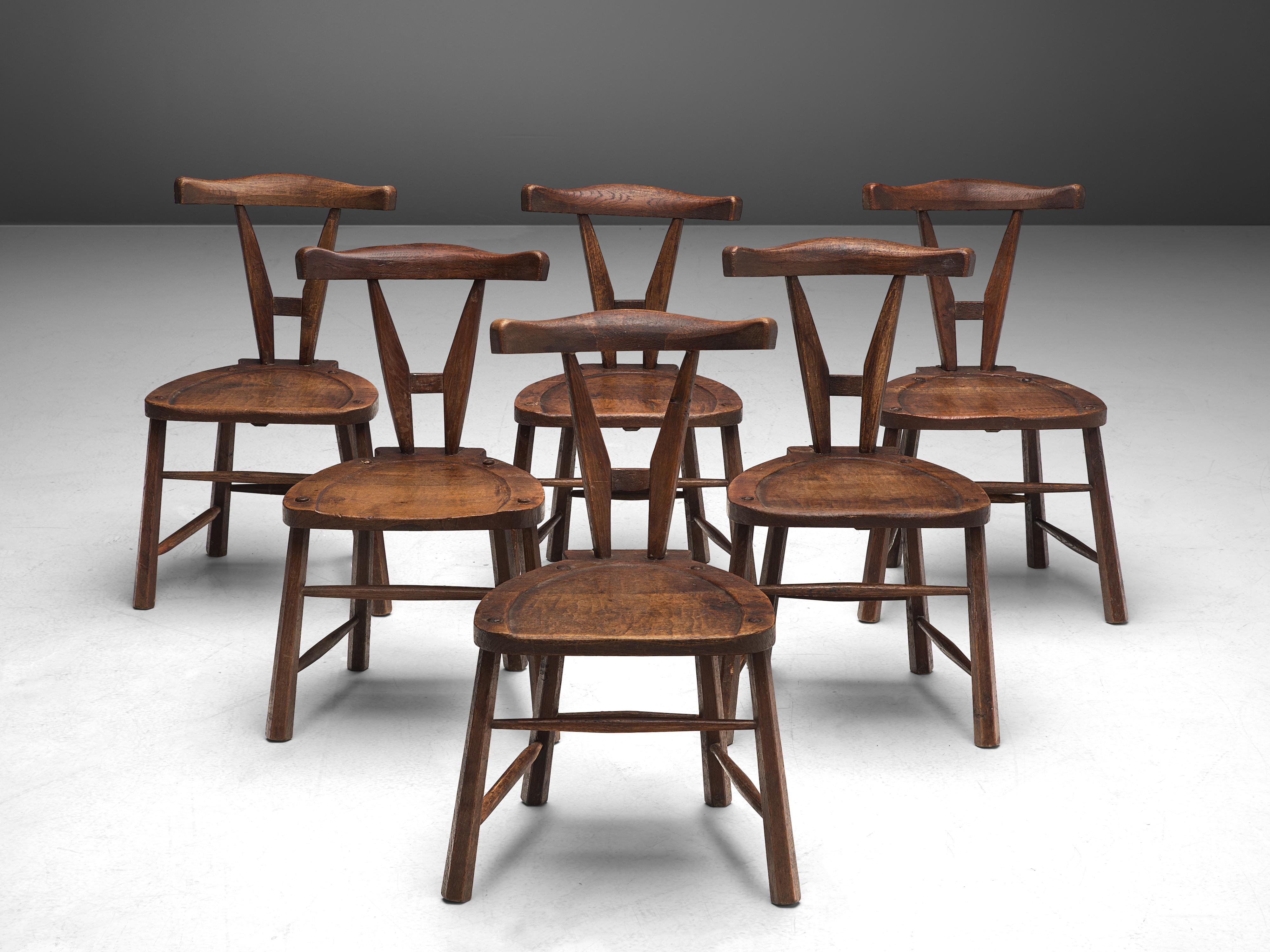 Mid-Century Modern French Set of Six Chairs in Solid Oak, 1940s