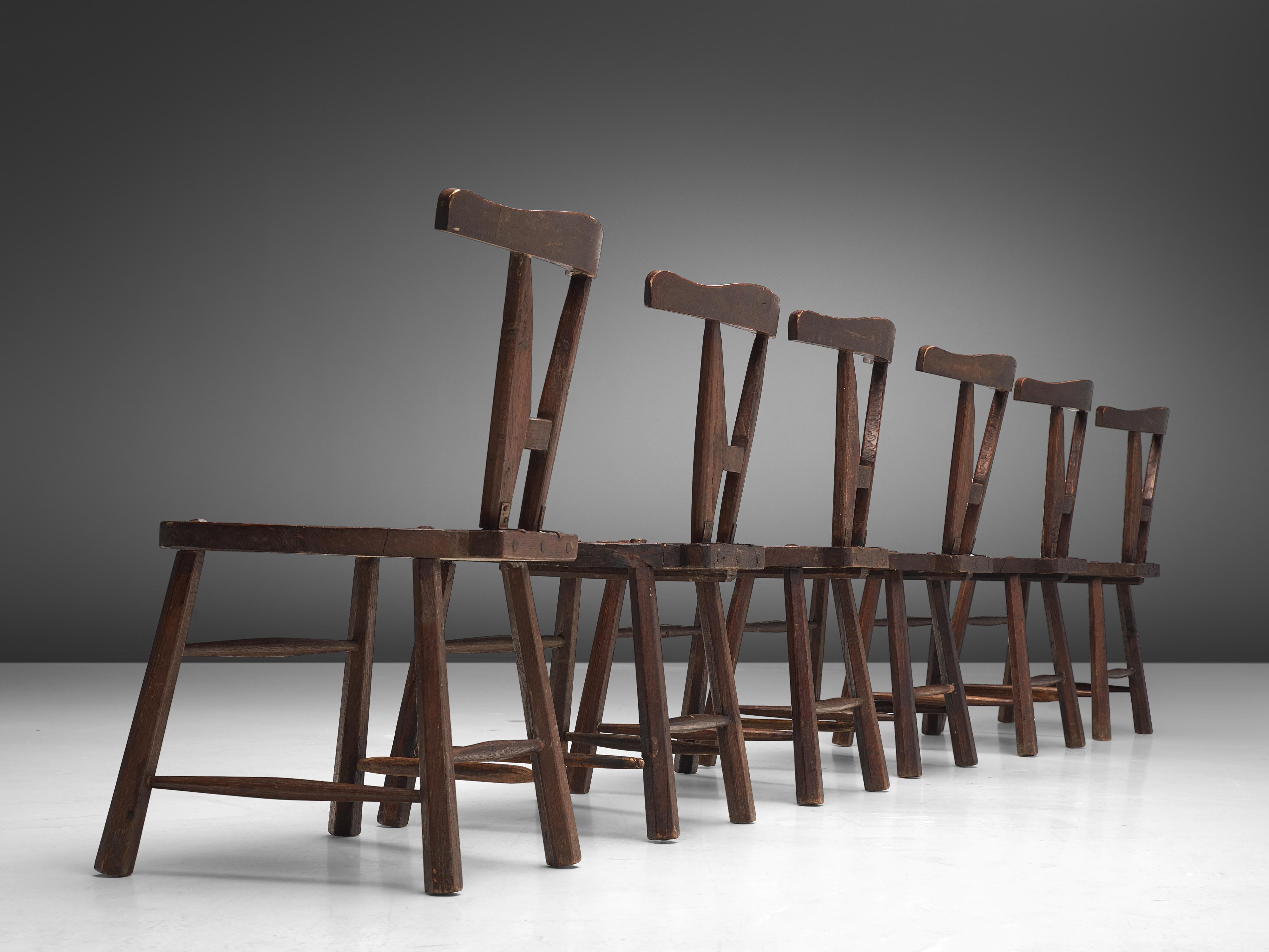 Mid-20th Century French Set of Six Chairs in Solid Oak, 1940s
