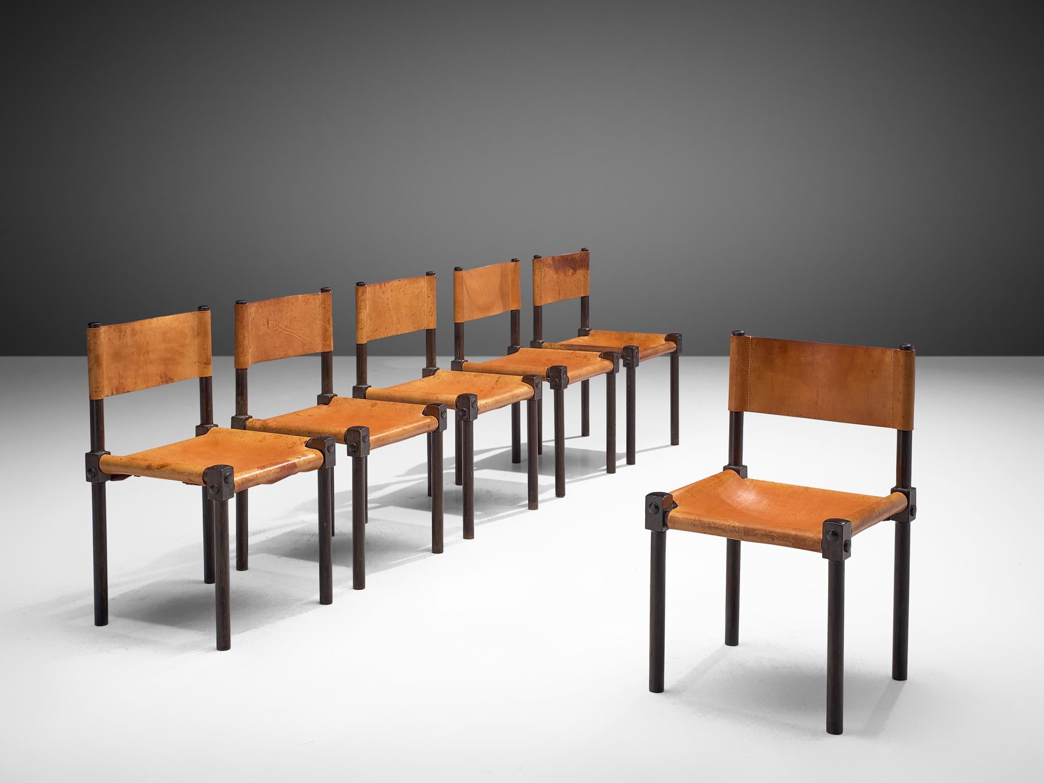 Mid-Century Modern French Set of Six Dining Chairs in Cognac Leather and Ebonized Wood