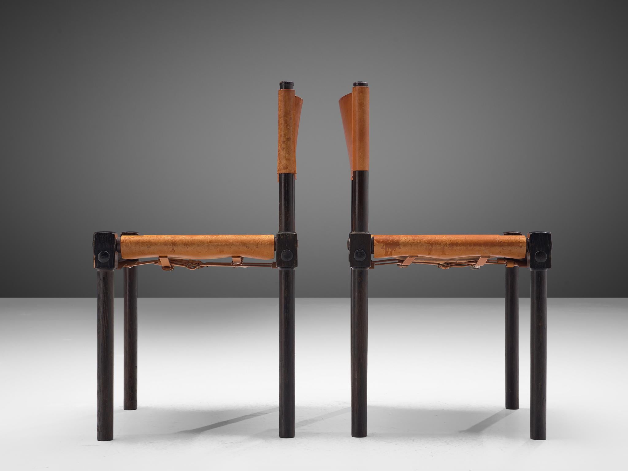 Late 20th Century French Set of Six Dining Chairs in Cognac Leather and Ebonized Wood
