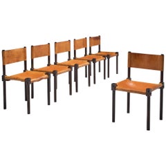 French Set of Six Dining Chairs in Cognac Leather and Ebonized Wood