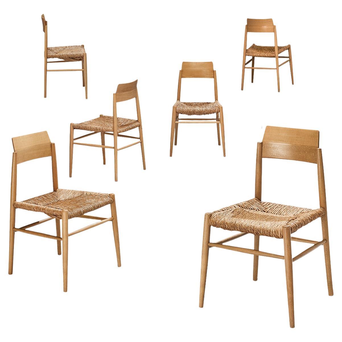 French Set of Six Dining Chairs in Wood and Straw For Sale