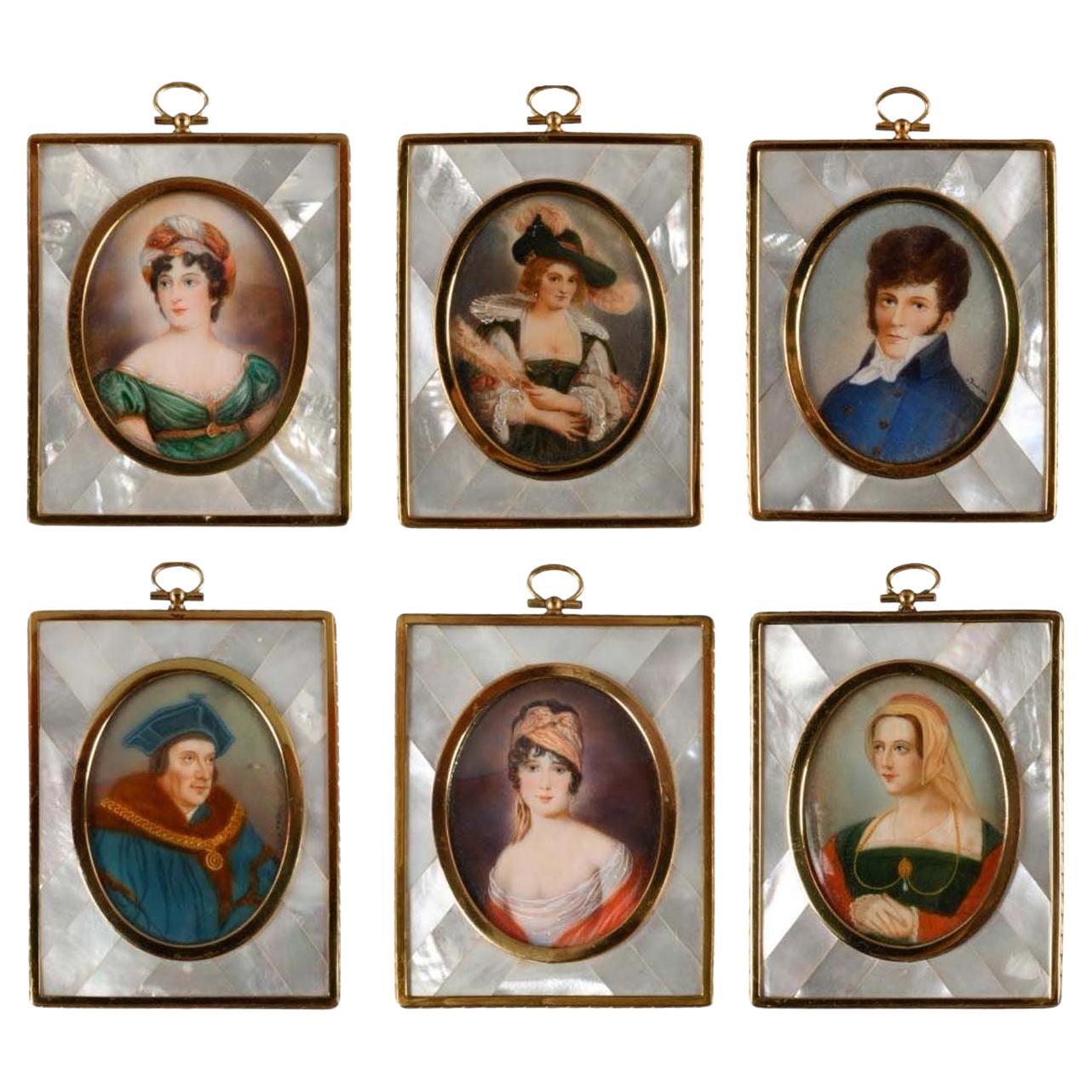 French Set of Six Mother of Pearl Miniature Portraits For Sale