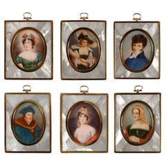 Used French Set of Six Mother of Pearl Miniature Portraits