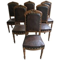 French Set of Six Oak Wood Dining Chairs from Late 19th Century