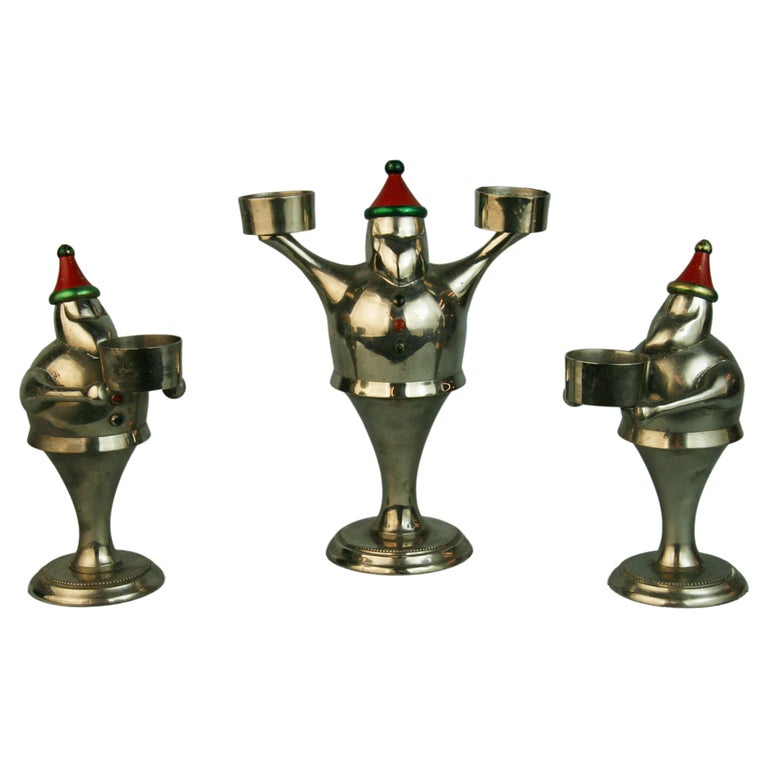 French Set of Three Deco Style Silvered Holiday Elf Candle Holders