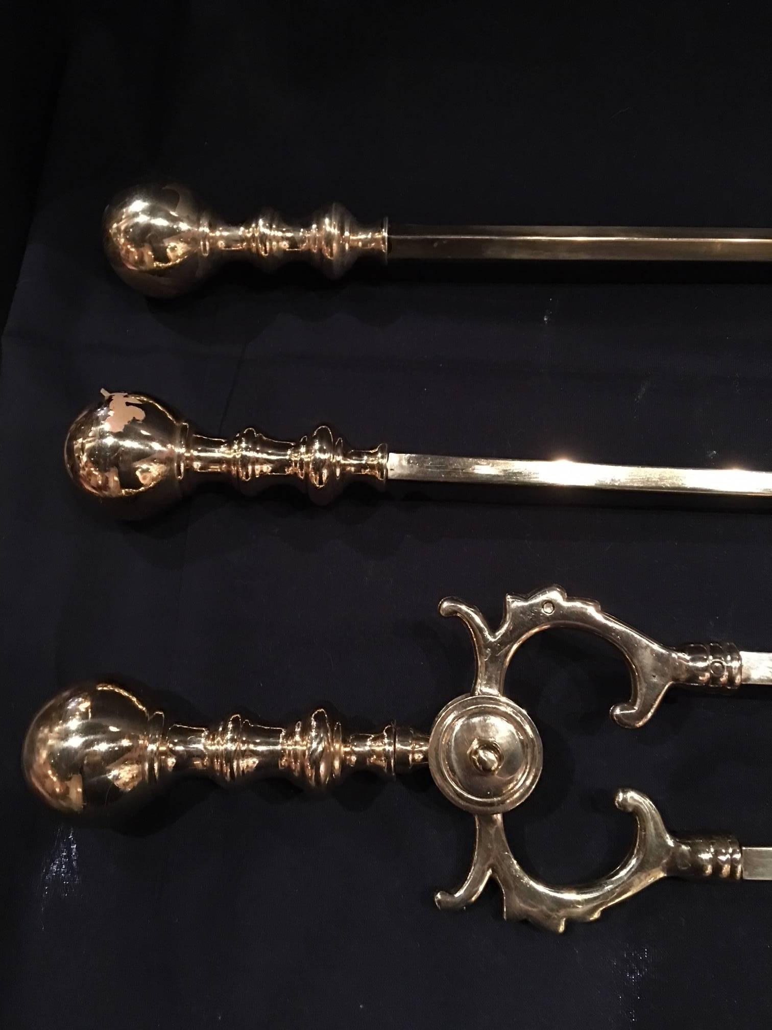 French Set of Three Polished Brass Fire Irons, 19th Century 1