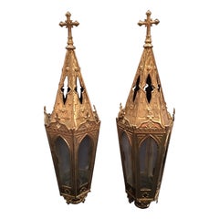 French Set of Two Polished Brass Pole Lanterns or Candlesticks, 19th Century