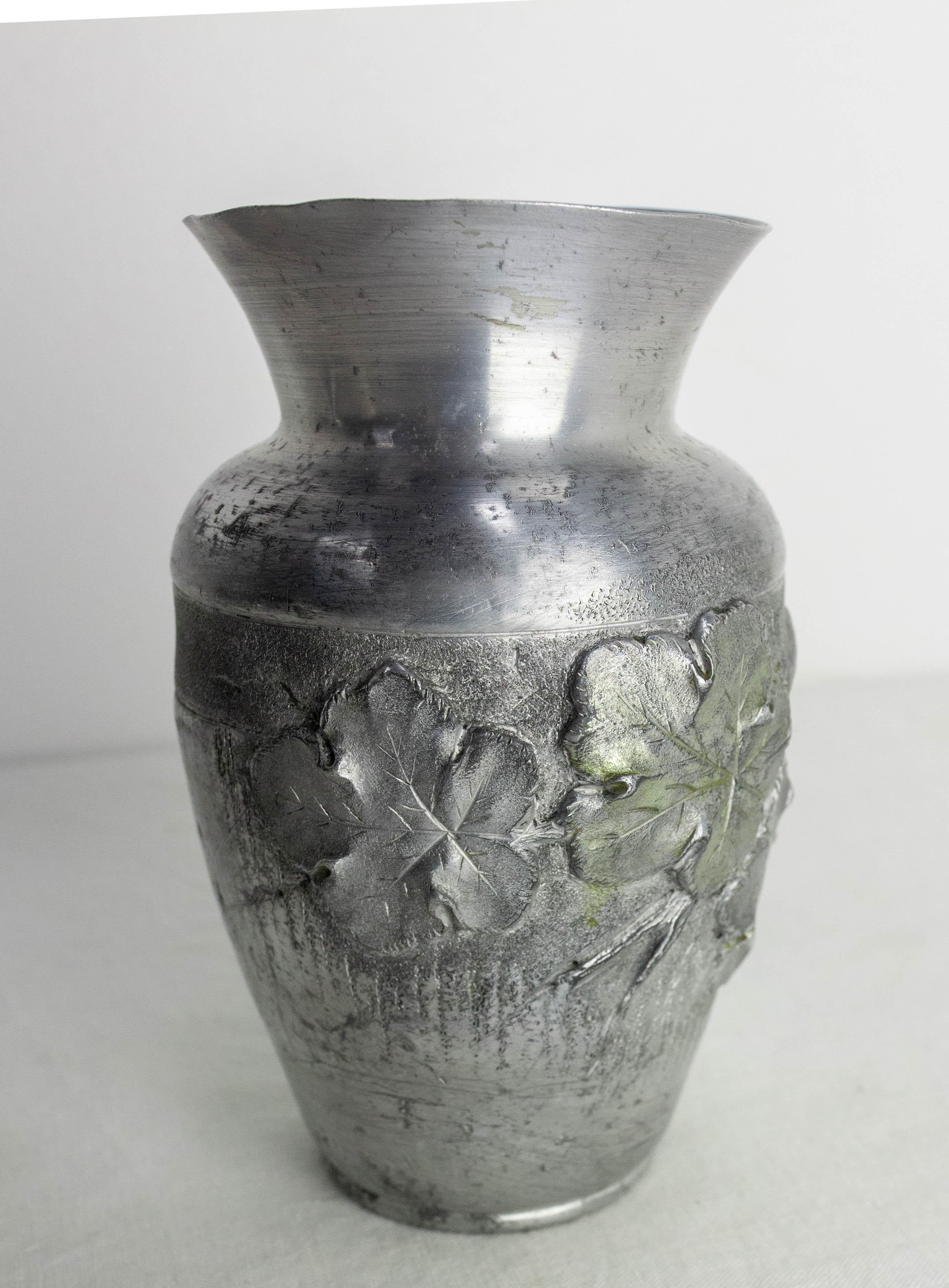 French Set Three Vases Aluminium Vegetal Decoration circa 1930 For Sale 5