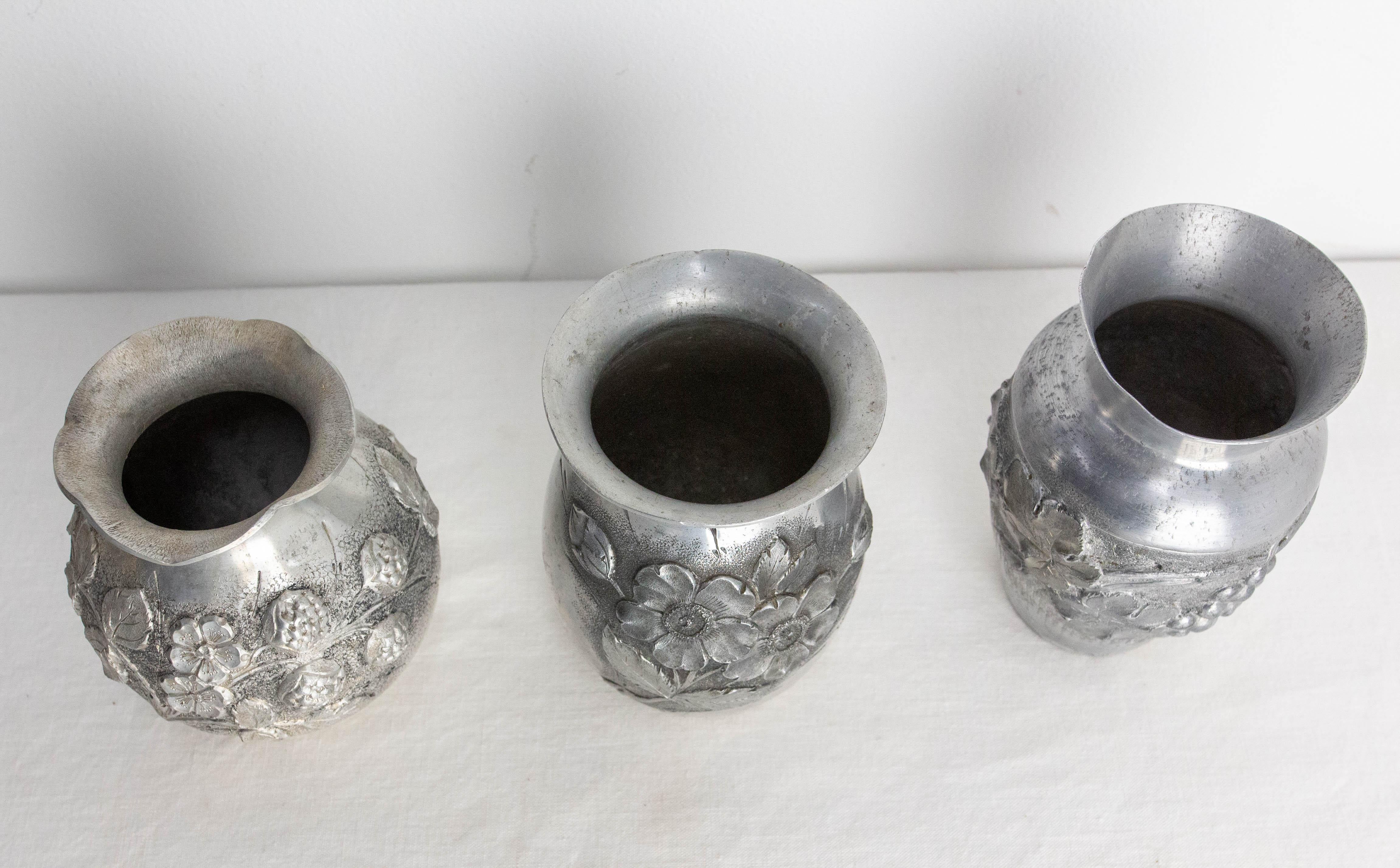 Art Deco French Set Three Vases Aluminium Vegetal Decoration circa 1930 For Sale