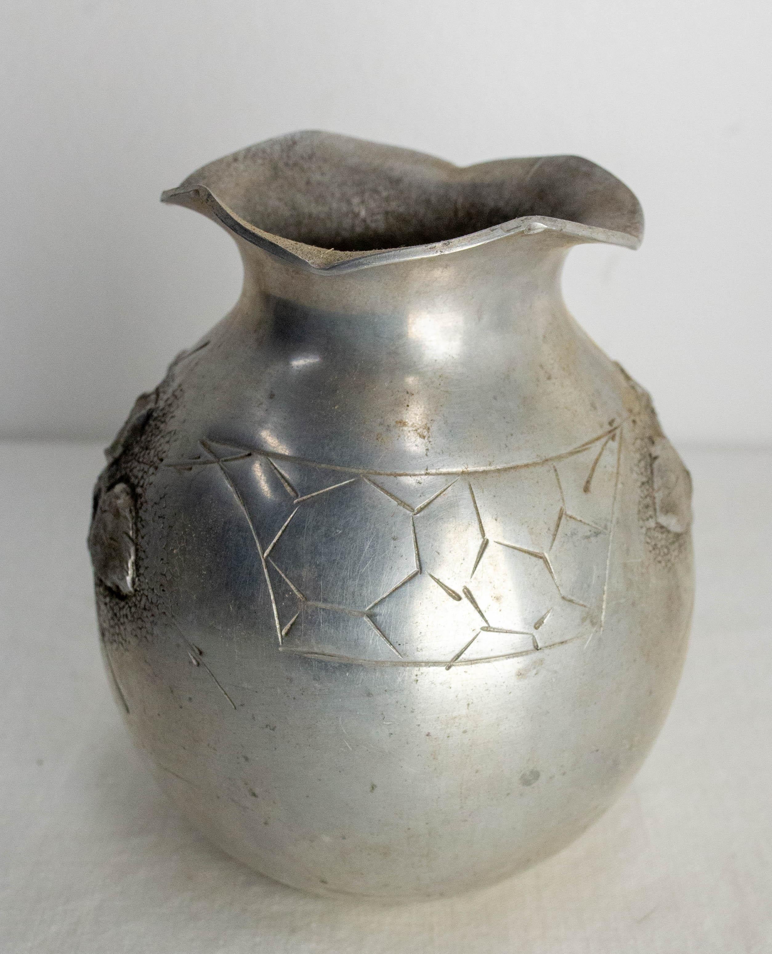 Aluminum French Set Three Vases Aluminium Vegetal Decoration circa 1930 For Sale