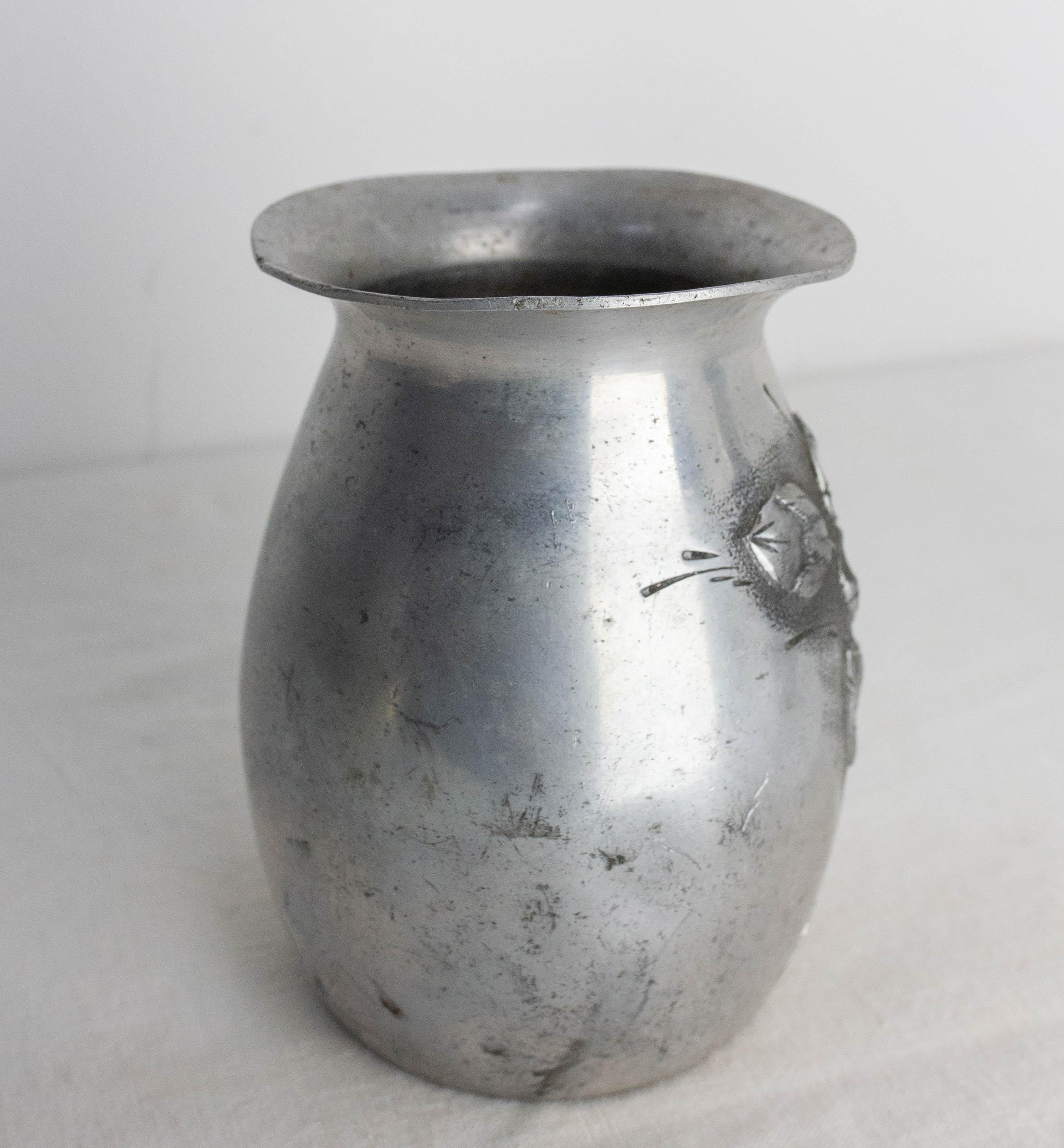 French Set Three Vases Aluminium Vegetal Decoration circa 1930 For Sale 3