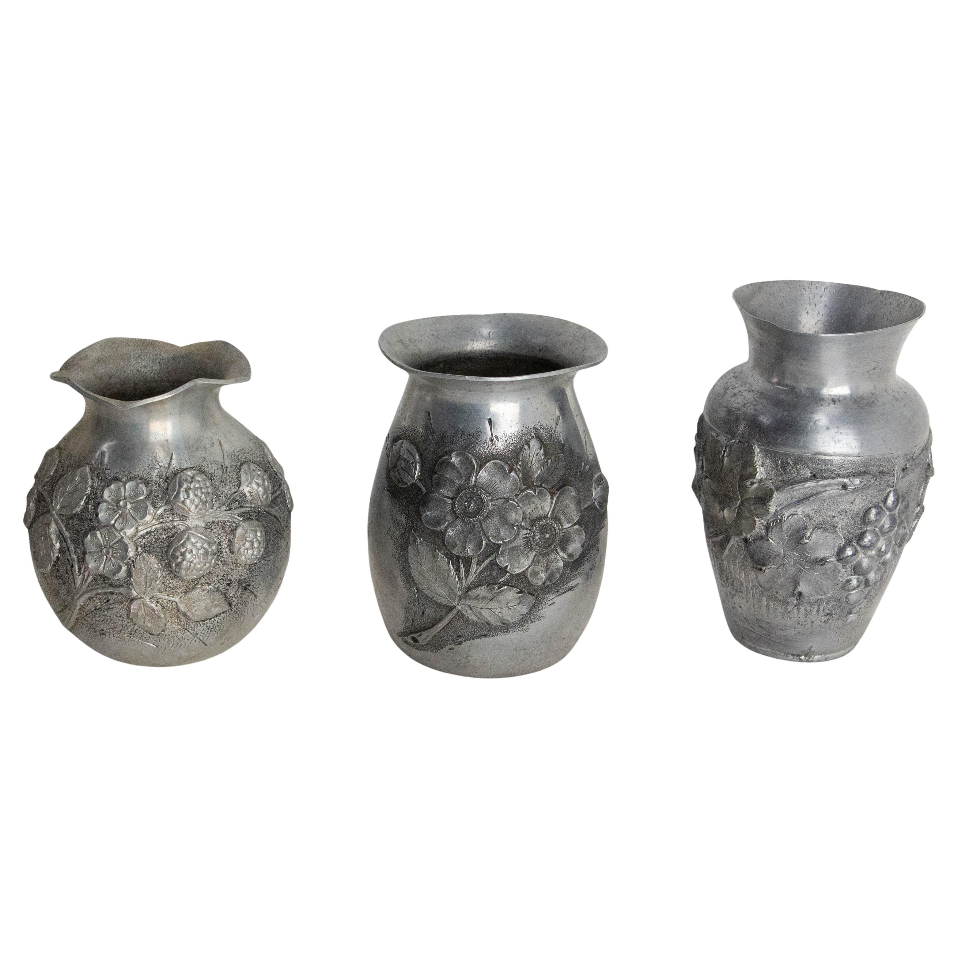 French Set Three Vases Aluminium Vegetal Decoration circa 1930 For Sale