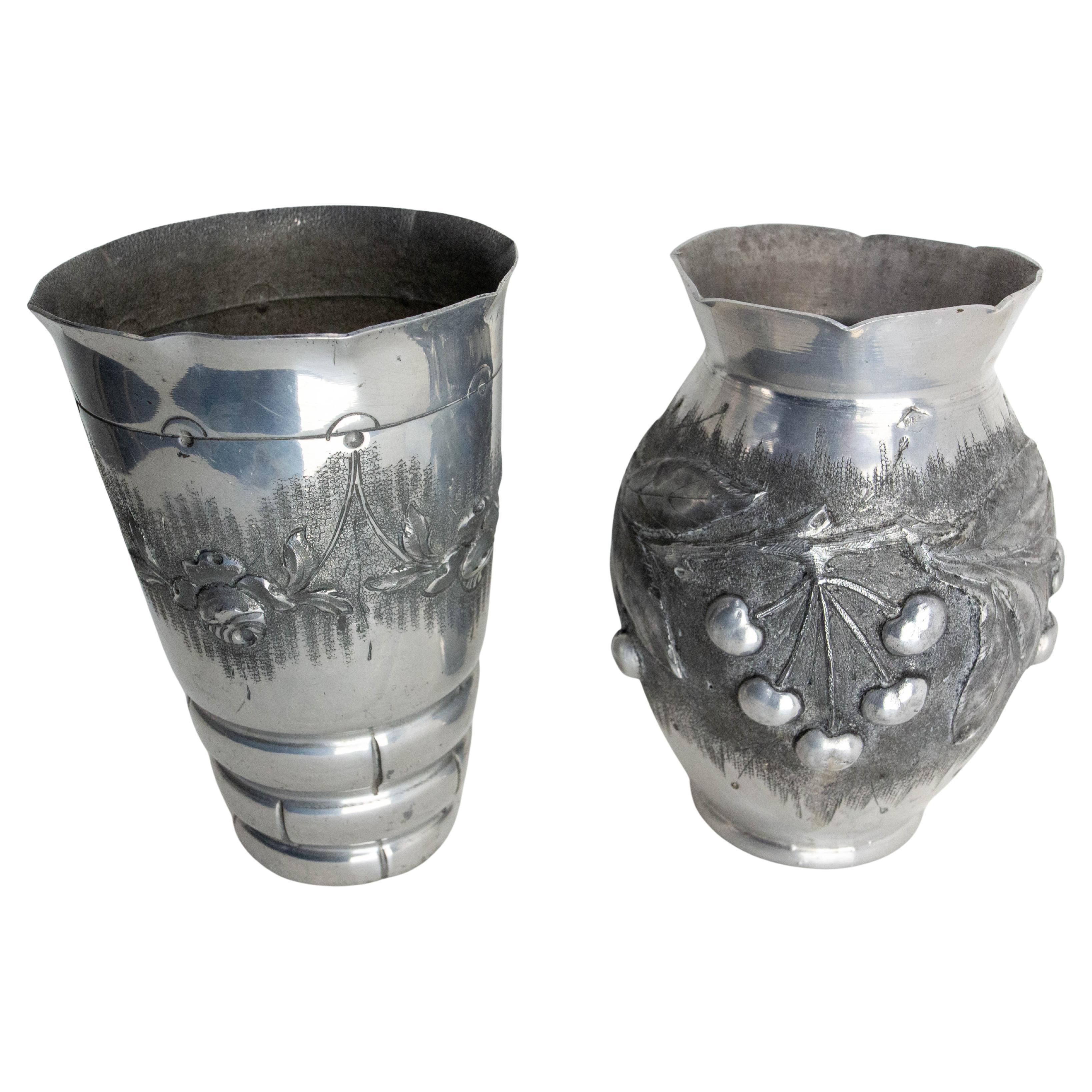 French Set Two Vases Aluminium Embossed Metal Vegetal Decoration circa 1930